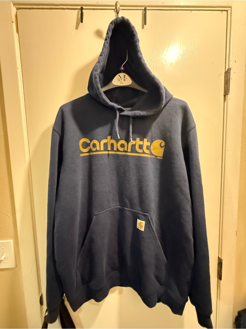 Carhartt Navy Pullover Hoodie with Yellow Logo oversized. Rain defender